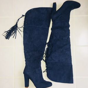Wide Calf Thigh High Blue Suede Boots